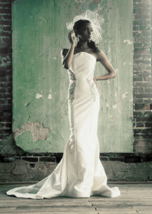 Model Centria Kapris The Camellia Dress from Edith Elon $2,520 Headpiece from Head Candi, $144 Earrings from Head Candi, $68 Belt by Head Candi, $38