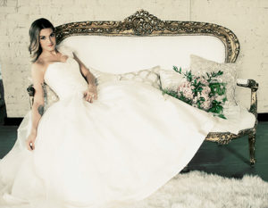 Model Courtney Haag Augusta Jones Patricia Dress (Rare Find), $2,373 Florals by Merci Bouquet Ring from Head Candi, $36 Bracelets from Head Candi, $20/each Earrings from Head Candi, $46 34 EXTOL