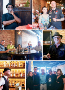 (Clockwise from top left) n An aficionado enjoyed his cigar. n Katie Woods & David Beard. n Hutch. n Sissy Van Winkle, Match owner Jeff Mouttet, Julian P. Van Winkle III, Jonathan Drew and Sara Mouttet. n Match bartender Jinx and bourbon. Lots of bourbon. n Douglas Kahl, JT Jones, Jessica and Jeff Knopp, & Terry Beard.