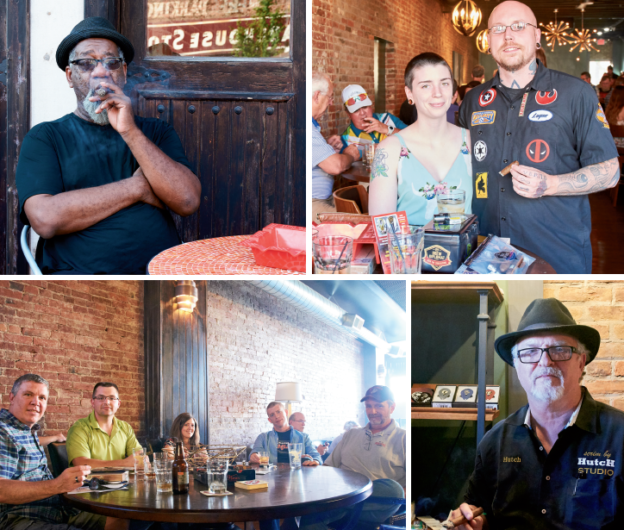 (Clockwise from top left)
n An aficionado enjoyed his cigar. n Katie Woods & David Beard. n Hutch. n Sissy Van Winkle, Match owner Jeff Mouttet, Julian P. Van Winkle III, Jonathan Drew and Sara Mouttet. n Match bartender Jinx and bourbon. Lots of bourbon. n Douglas Kahl, JT Jones, Jessica and Jeff Knopp, & Terry Beard.