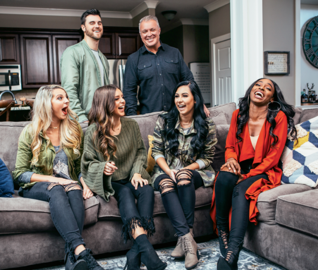 Todd Sharp (back, right) and Patrick Mahoney with (front, from left to right) Ryleigh Vertes, Rose Crombie, Marissa Hall and Kobie Jarmon in Todd’s home.