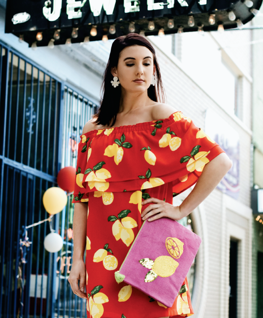 Look from Sapphire on Spring: Lemon Dress $59, Lemon Clutch $12, Beaded Earrings $14.