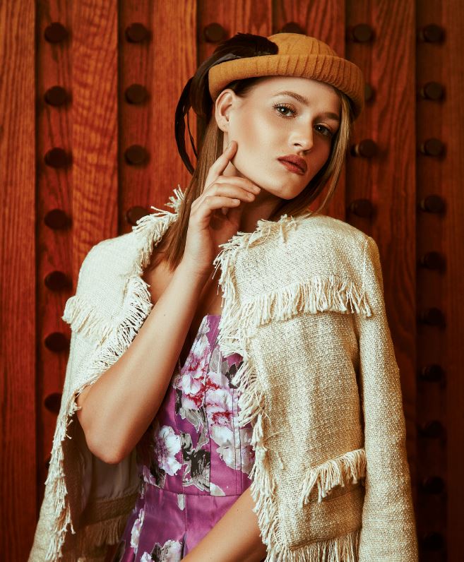 Katya in Minuet Floral Dress from Sapphire on Spring $82 / Strut & Bolt Tan Jacket from Sapphire $54 / Vintage Hat from Mariposa