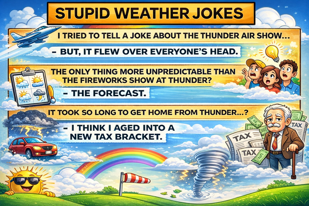 Colorful comic poster titled 'Stupid Weather Jokes' with weather-themed punchlines, clouds, sun, rainbow, and cheering characters.