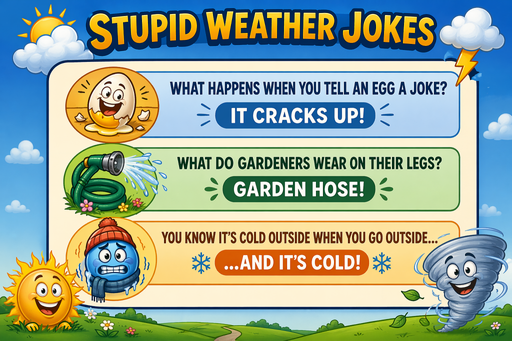 Colorful infographic titled 'Stupid Weather Jokes' with three weather-themed jokes about eggs, hoses, and cold weather.