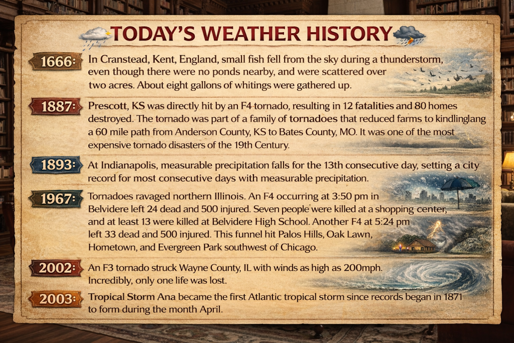 Vintage timeline page titled Today's Weather History listing notable weather events by year (1666, 1887, 1893, 1967, 2002, 2003) with decorative headers and weather illustrations in a library setting.
