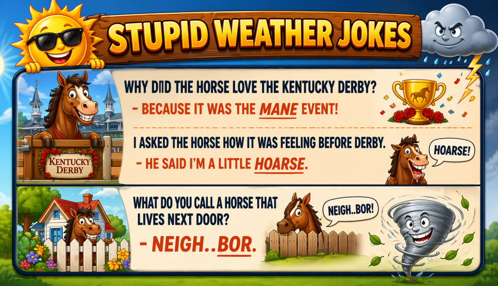ChatGPT Image Apr 21 2026 03_32_26 PM - Extol Media Colorful infographic panel titled Stupid Weather Jokes with cartoon sun wearing sunglasses, a Derby horse, trophy, and tornado character illustrating weather-themed horse jokes.