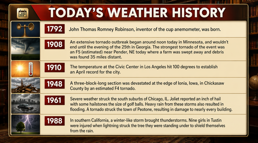 Infographic panel titled Today's Weather History with a vertical timeline of years (1792, 1908, 1910, 1948, 1961, 1988) and corresponding weather events, each row showing a left icon and a beige text block.
