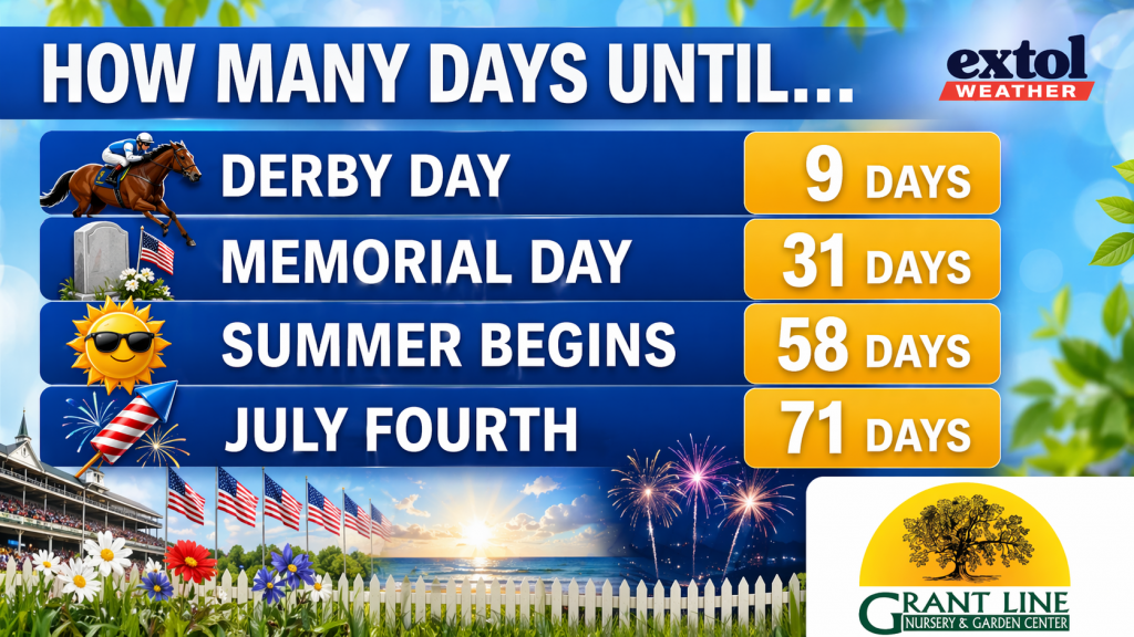 Countdown banner listing days until Derby Day (9), Memorial Day (31), Summer Begins (58), and July Fourth (71) on blue panels with festive graphics.