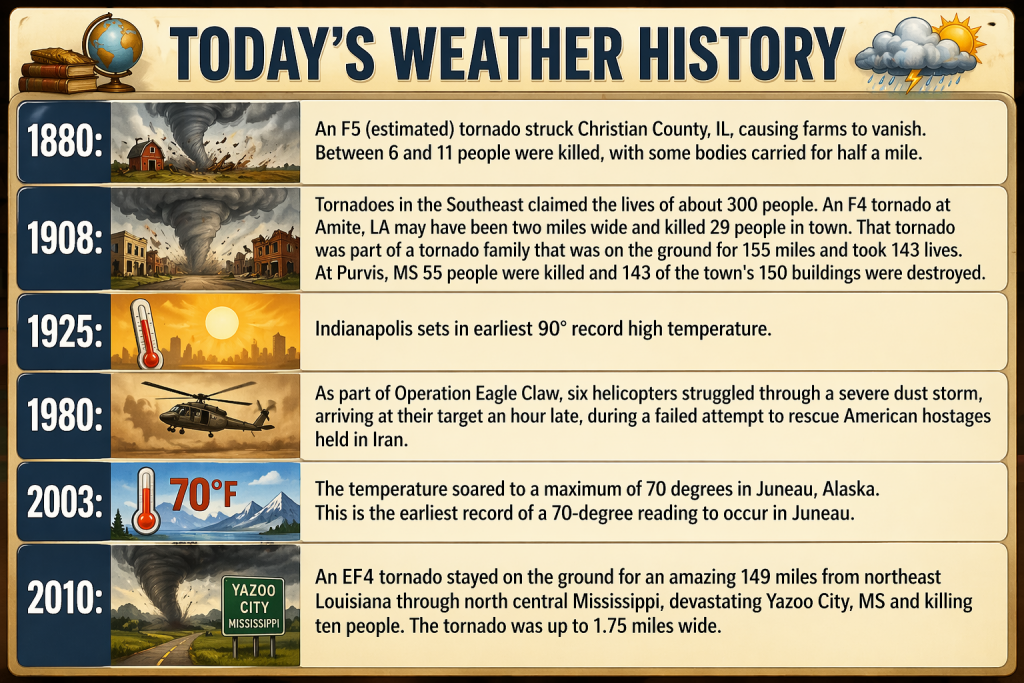 Timeline infographic— Today's Weather History— showing six events (1880, 1908, 1925, 1980, 2003, 2010) with images and descriptions.