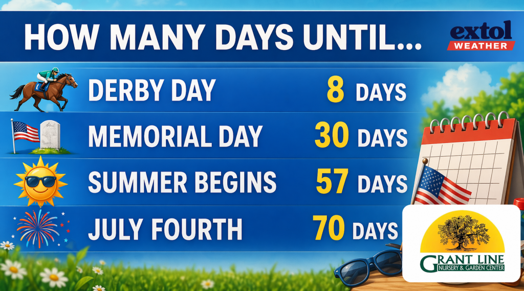 Countdown poster listing days until upcoming events: Derby Day 8, Memorial Day 30, Summer Begins 57, July Fourth 70 with icons and branding on the right.