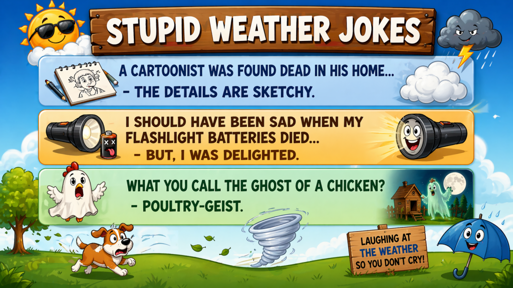 Banner titled 'Stupid Weather Jokes' with three cartoon joke panels about sketchy details, dead batteries, and a poultry-geist ghost chicken, plus sun and clouds.