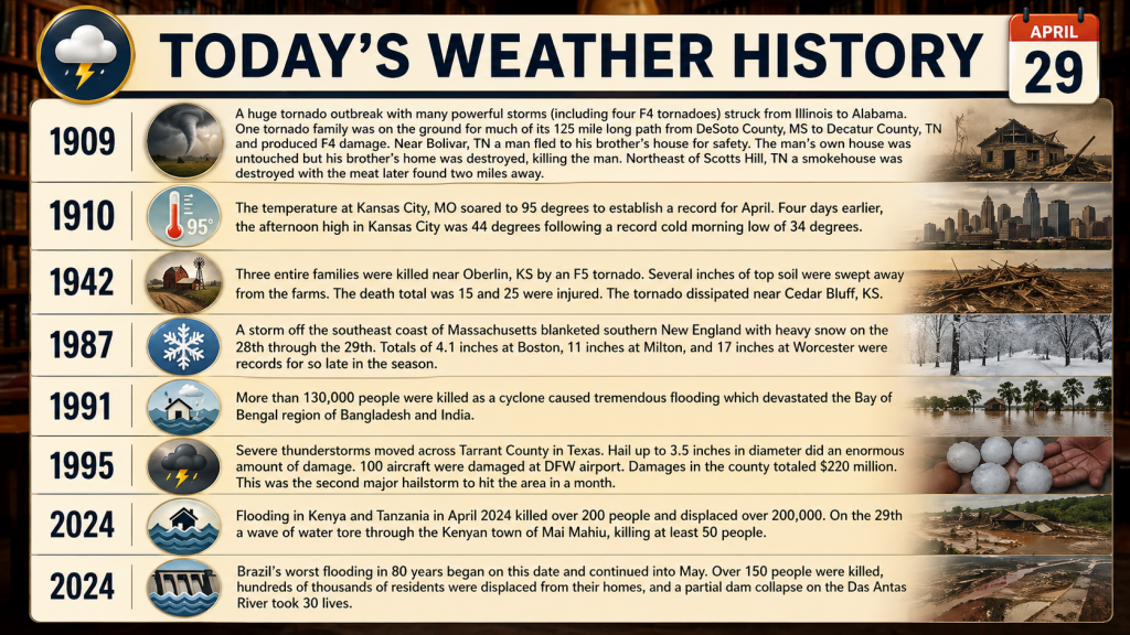 ChatGPT Image Apr 29 2026 07_59_22 AM - Extol Media Infographic timeline titled Today's Weather History showing major weather events by year with icons and photo thumbnails on each row.