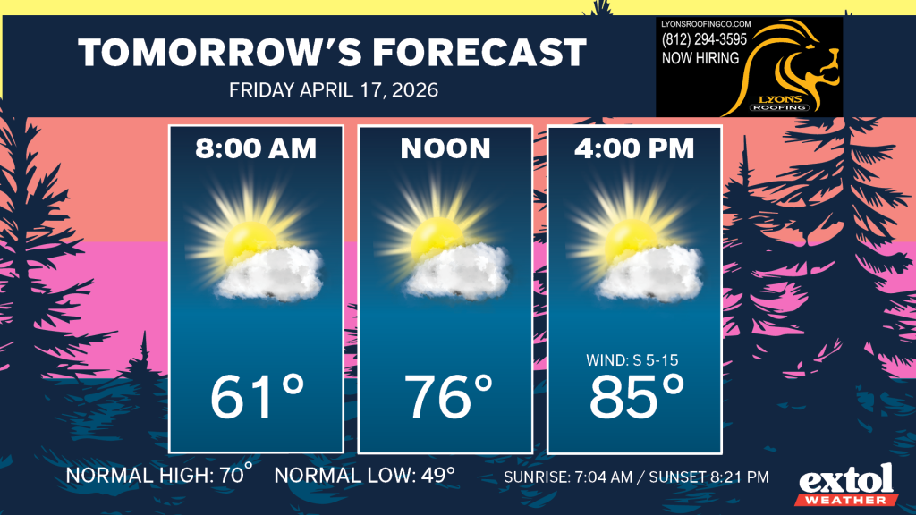 Tomorrow's forecast banner with three panels: 8 AM 61°, Noon 76°, and 4 PM 85°—sunny with clouds icons.
