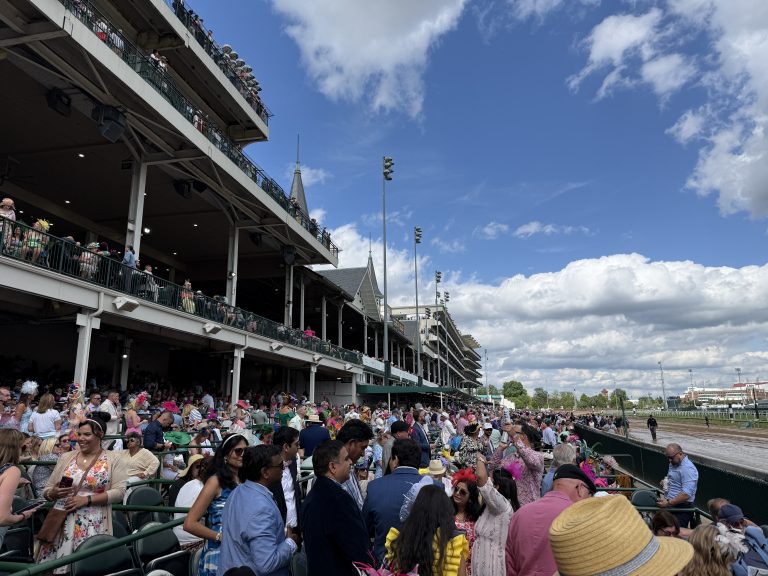 Crowded grandstand at a sunny outdoor horse race, spectators seated along the railing. ️