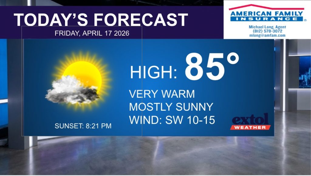 Image 4-17-26 at 1150 AM - Extol Media Television weather graphic: high 85°, very warm and mostly sunny, sun partly behind a cloud, sunset 8:21 PM, with Extol Weather and American Family Insurance logos.