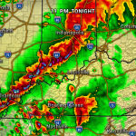 Radar map showing a band of strong thunderstorms stretching southeast from Indianapolis toward Nashville, with red and purple indicating heavy rain and possible hail; text reads '11 PM TONIGHT'.