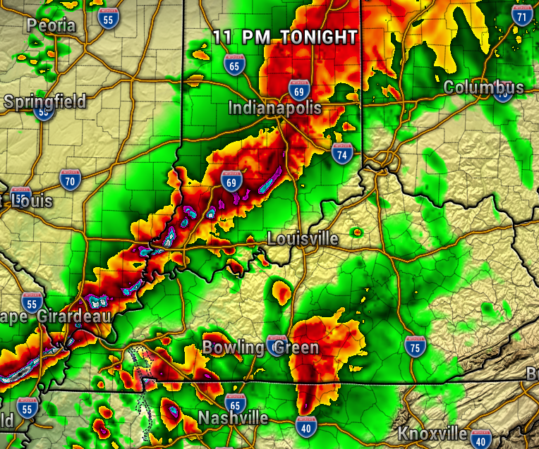 Radar map showing a band of strong thunderstorms stretching southeast from Indianapolis toward Nashville, with red and purple indicating heavy rain and possible hail; text reads '11 PM TONIGHT'.
