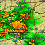 Weather radar showing bands of heavy rain and storms across Kentucky and Tennessee, with red/orange areas indicating strong rainfall near Bowling Green, Nashville, Louisville, and surrounding cities.