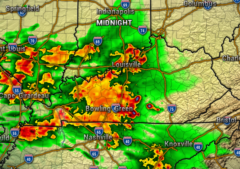 Weather radar showing bands of heavy rain and storms across Kentucky and Tennessee, with red/orange areas indicating strong rainfall near Bowling Green, Nashville, Louisville, and surrounding cities.