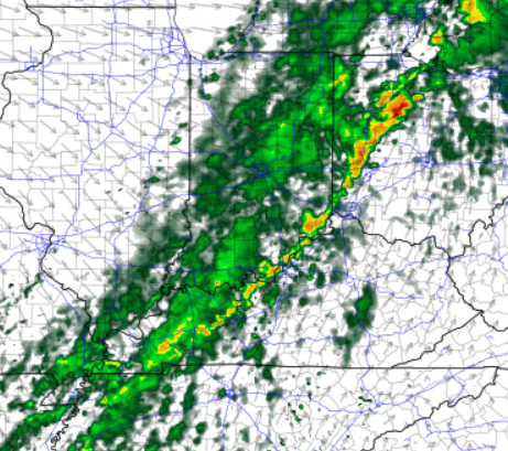 Weather radar map showing a diagonal line of thunderstorms from southwest to northeast with heavy rainfall (yellow/orange) and lighter rain (green).