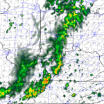 Weather radar showing a northeast-moving line of thunderstorms with moderate to heavy rainfall (greens to yellows) crossing the map, extending from near southern Arkansas/northern Louisiana area upward through Tennessee and Kentucky.