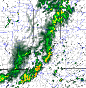 Weather radar showing a northeast-moving line of thunderstorms with moderate to heavy rainfall (greens to yellows) crossing the map, extending from near southern Arkansas/northern Louisiana area upward through Tennessee and Kentucky.