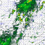 Weather radar map showing scattered rain and storms across the region; green indicates light rain, yellow/orange indicates heavier cells.