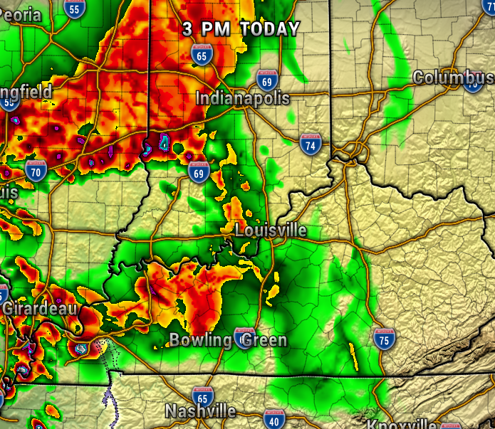 Radar weather map showing heavy thunderstorms (red/orange) northwest of Indianapolis, extending toward Louisville and Bowling Green; green areas indicate lighter rain, beige background shows land.