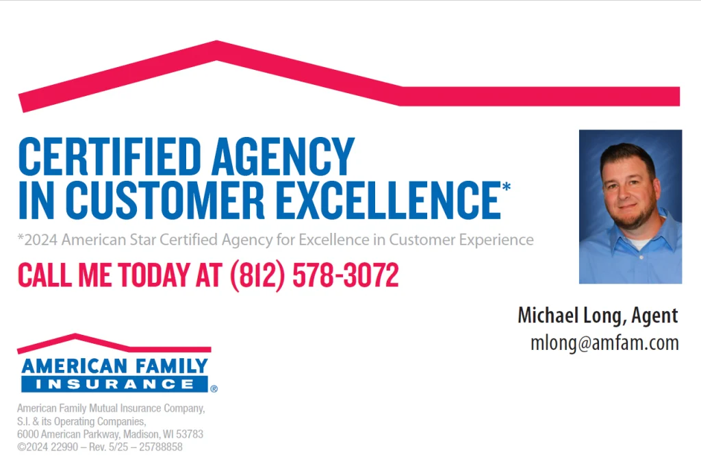 Business card/banner for American Family Insurance: 'CERTIFIED AGENCY IN CUSTOMER EXCELLENCE' with contact number and agent photo.