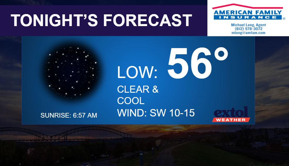 Tonight's forecast: low 56°F, clear and cool; wind SW 10–15 mph; sunrise 6:57 AM; branding logos present.