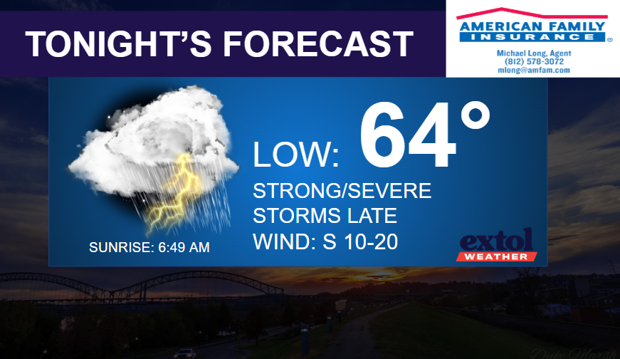 Banner showing tonight's forecast: low 64°F with strong to severe storms late; wind S 10–20 mph; sunrise 6:49 AM; American Family Insurance logo of AMF Insurance.