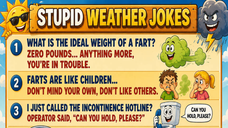 BEN 10 1 - Extol Media Colorful game-style banner titled 'Stupid Weather Jokes' showing three joke panels about farts, with cartoon sun and storm clouds on the sides.
