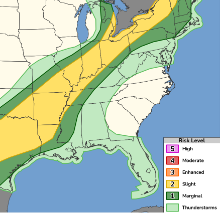 BLOG IMAGES - Extol Media Weather map of the eastern United States showing thunderstorm risk bands in yellow and green, with a legend listing risk levels from 1 (Marginal) to 5 (High).