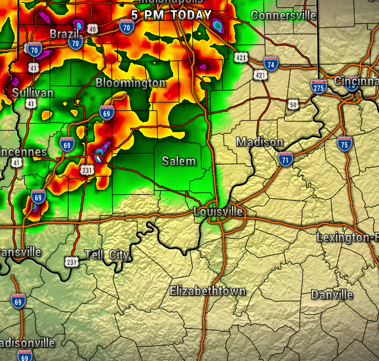 Weather radar map showing a line of strong thunderstorms west of Bloomington, Indiana, moving southeast toward Salem and Louisville, with red/yellow indicating heavy rain and thunderstorm cells.