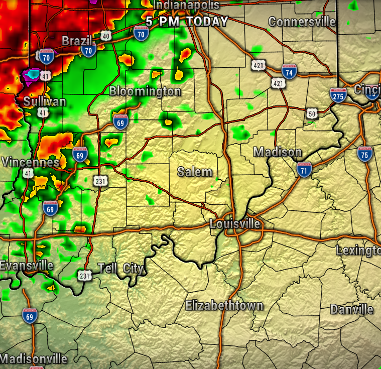 Radar map showing heavy thunderstorms to the west of Indianapolis, with red and yellow areas indicating intense rain west of Sullivan and Vincennes; green regions to the north and west show lighter rain. Major interstates I-70, I-65, and US highways are overlaid with city names like Bloomington, Salem, Louisville, and Elizabethown visible. A weather front progresses eastward toward central Indiana.