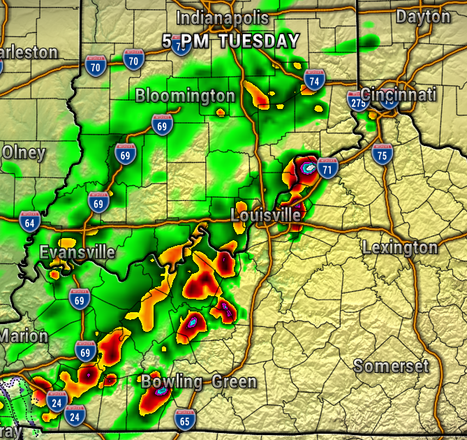 Weather radar map showing a line of strong thunderstorms west of Louisville extending toward Evansville, with heavy red/orange cells indicating intense rainfall and possible hail; green areas show lighter rain, yellow outlines indicate storm boundaries; surrounding cities include Bloomington, Cincinnati, and Bowling Green.