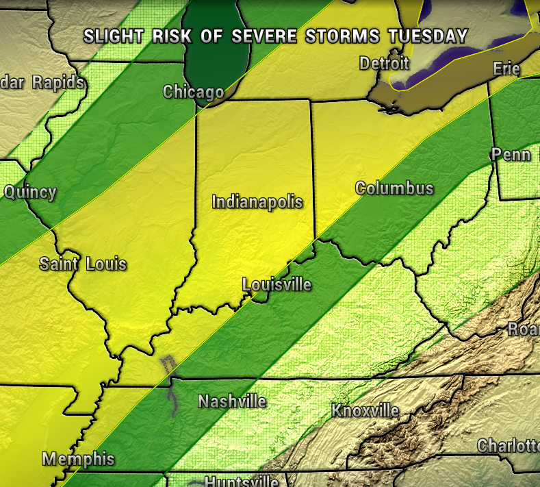 Weather risk map showing slight severe storm risk Tuesday across Indiana and surrounding states, with yellow and green bands.