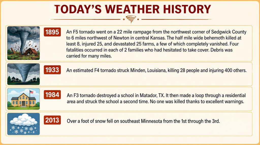 Today's Weather History timeline with four entries: 1895 F5 tornado in northwest Kansas; 1933 F4 tornado in Minden, Louisiana; 1984 F3 tornado destroying a school in Matador, Texas; and 2013 over a foot of snow in southeast Minnesota, each with a thumbnail image on the left.
