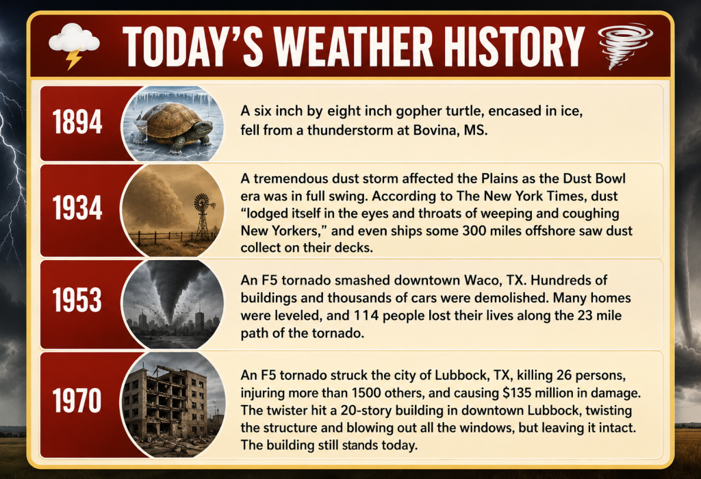 Infographic timeline titled Today's Weather History showing four events: 1894 turtle encased in ice, 1934 Dust Bowl scene, 1953 F5 tornado in a city, and a damaged 1970 downtown building.