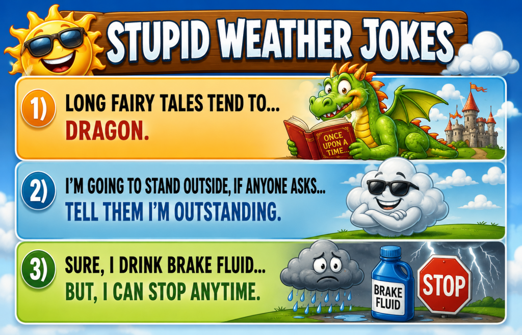Colorful banner titled 'Stupid Weather Jokes' with three joke panels: dragon reading a book, a smiling cloud, and a stormy scene with brake fluid.