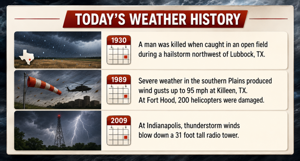 1930: Man killed during a hailstorm northwest of Lubbock, TX.