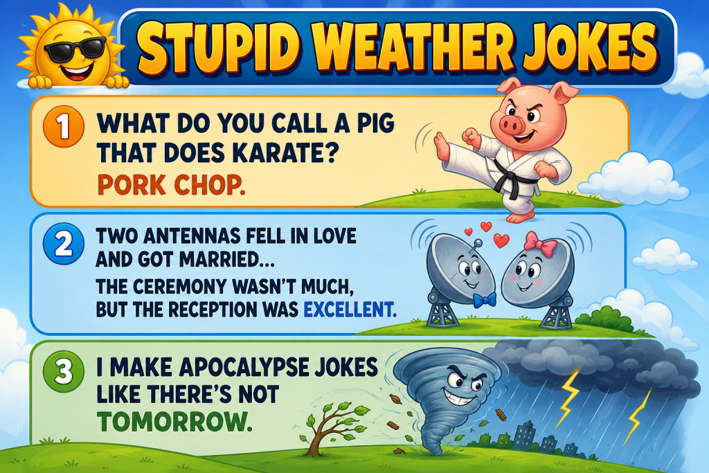 Bright cartoon poster titled 'Stupid Weather Jokes' with three joke panels: a pig in karate, two love-struck satellites, and a mischievous tornado during a storm.