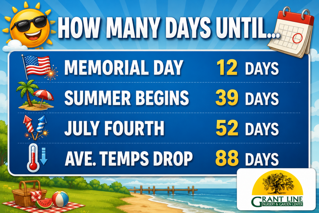 Colorful countdown poster: days until Memorial Day 12, Summer Begins 39, July Fourth 52, and Average Temps Drop 88, with sun and beach icons and a Grant Line Nursery & Garden Center logo in the corner.