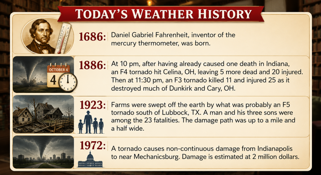 Infographic timeline titled Today's Weather History showing key weather events from 1686 to 1972 with portraits, tornado scenes, and ruined towns.