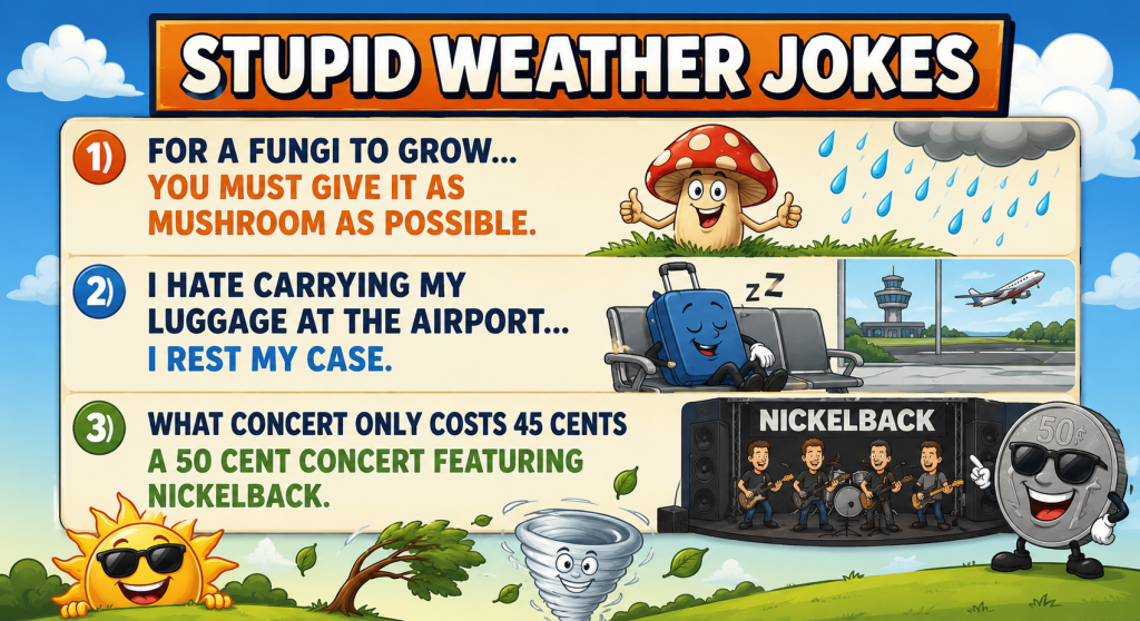 Colorful cartoon banner titled "Stupid Weather Jokes" featuring three weather-themed jokes with playful characters in a bright outdoor scene.