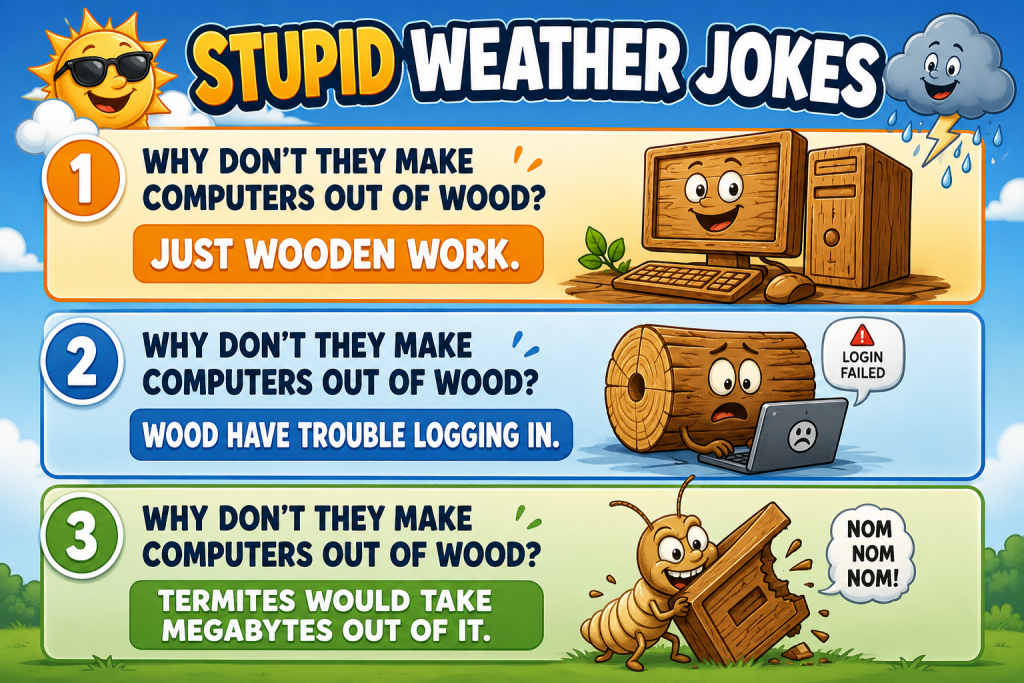 Bright, color‑blocked infographic titled 'STUPID WEATHER JOKES' featuring three jokes about wooden computers with cartoons of a sun, a log, and a termite roll-in combo.