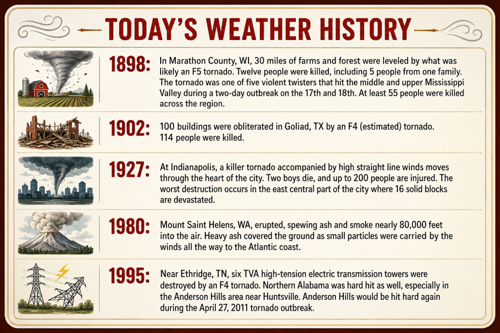 Infographic titled "Today's Weather History" with five timeline panels: 1898 Wisconsin tornado; 1902 destructive tornado in Goliad, TX; 1927 killer tornado in Indianapolis; 1980 Mount St. Helens eruption; 1995 near Ethridge, TN tornadoes destroying high-tension towers, each panel has a small left illustration.