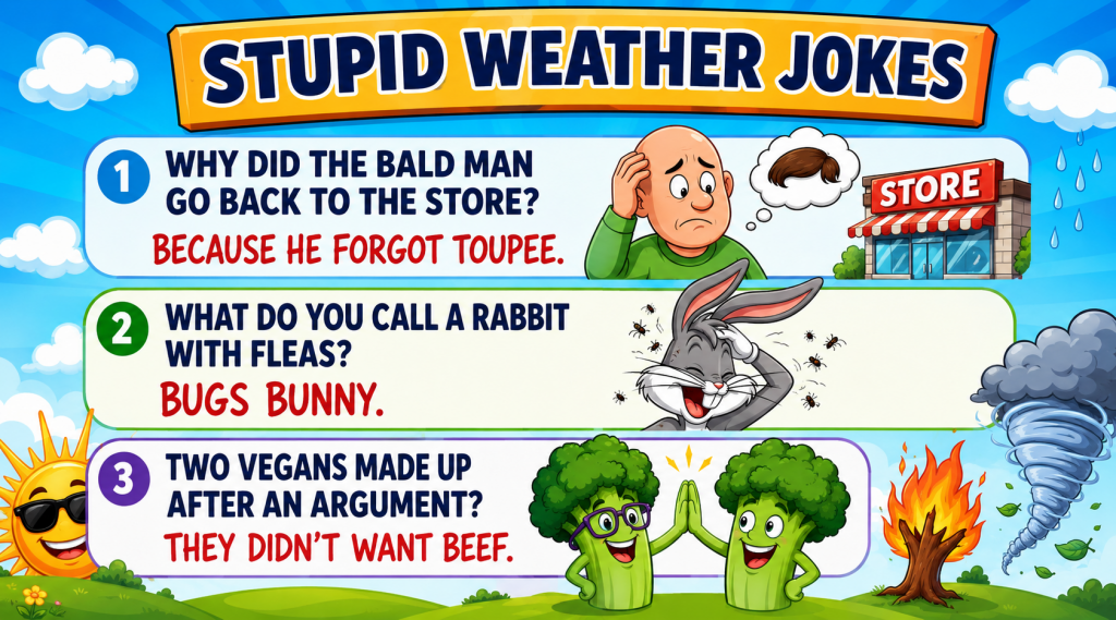 Stupid Weather Jokes banner with three panels: 1) Why did the bald man go back to the store? Because he forgot toupee. 2) What do you call a rabbit with fleas? Bugs Bunny. 3) Two vegans made up after an argument? They didn't want beef.
