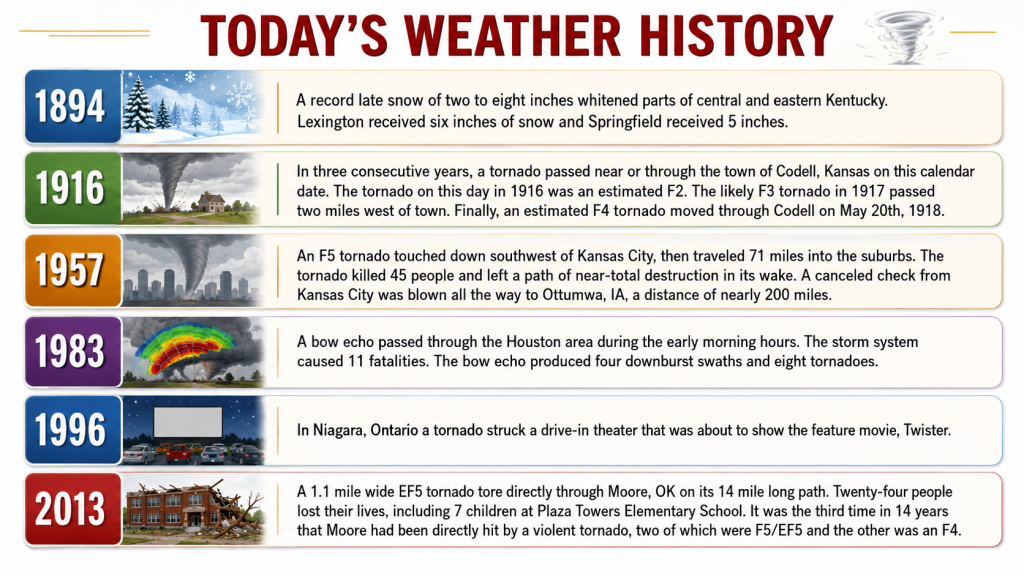 Timeline of notable weather history events: 1894 record snow in central/eastern Kentucky and surrounding areas; Lexington 6 inches, Springfield 5 inches. 1916 tornadoes near Codell, KS and surrounding towns. 1957 F5 tornado southwest of Kansas City, fatalities and destruction, long track to Ottumwa, IA. 1983 bow echo and tornadoes in Houston area with multiple downbursts and a rainbow radar image. 1996 tornado-driven drive-in theater disruption in Niagara, Ontario. 2013 EF5 tornado near Moore,OK causing extensive damage and loss of life.